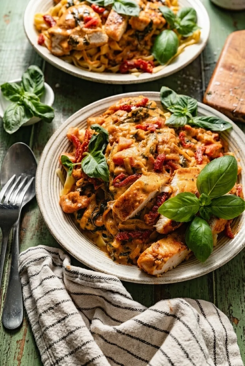 A full plate of Marry Me Chicken Pasta on a rustic tabletop, with fettuccine, chicken, tomatoes, and basil.