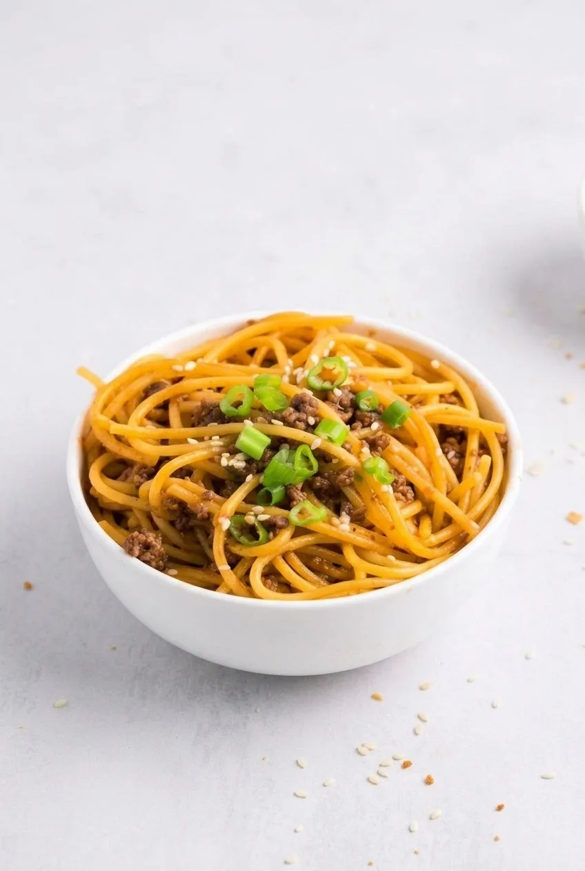 A wider view of a full bowl of Mongolian ground beef noodles with green onions and sesame seeds.