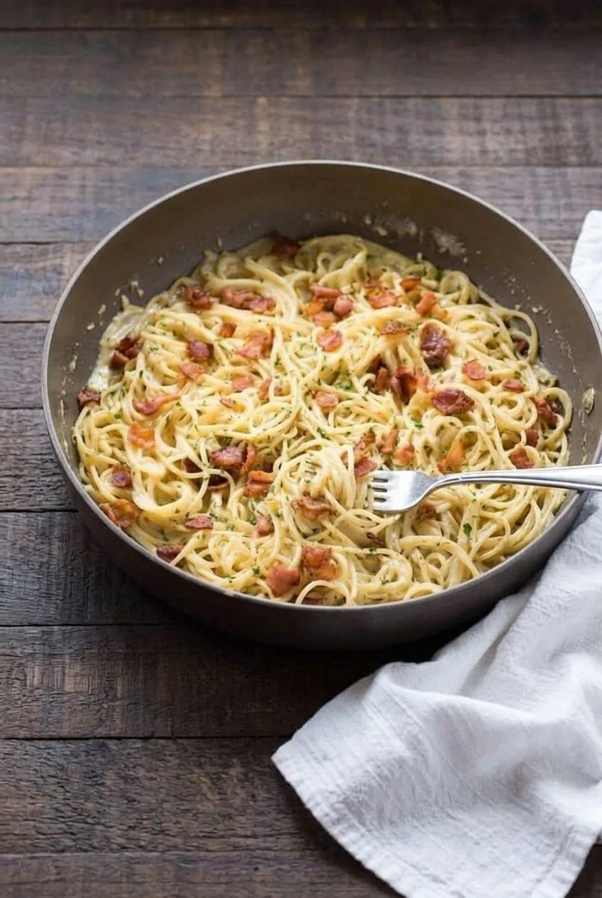 A full dark skillet of creamy bacon ranch spaghetti centered on a table, with the surrounding surface visible.
