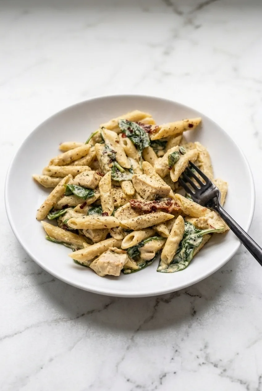 A full plate of creamy chicken pesto penne with spinach and sun-dried tomatoes on a light stone surface.