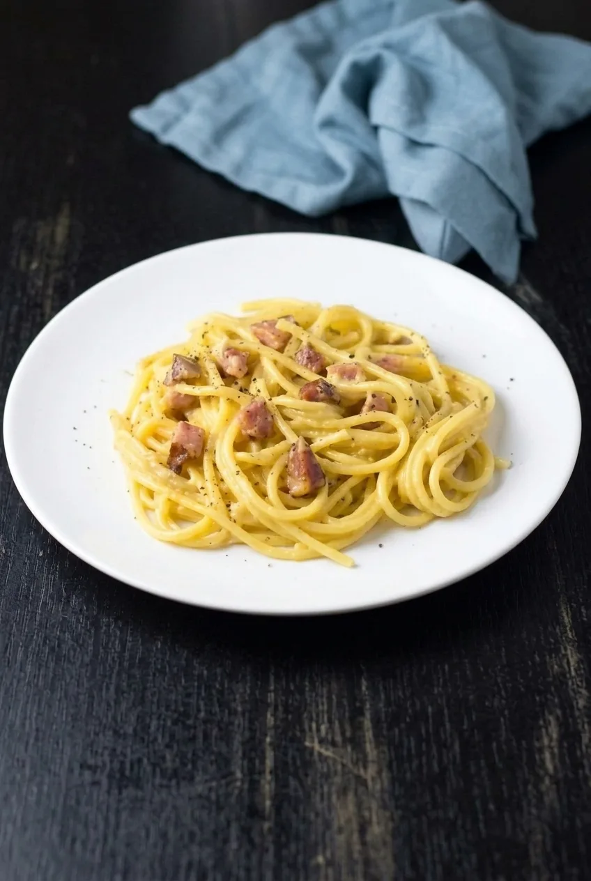 A full plate of spaghetti carbonara centered on a dark tabletop, with pancetta and pepper visible