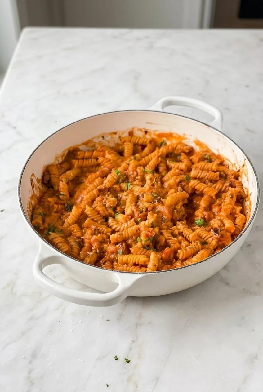 Wide view of the complete pot of creamy tomato fusilli centered on a pale countertop
