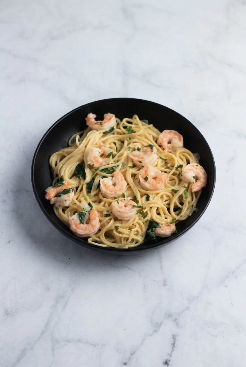 A full bowl of creamy garlic shrimp pasta on a pale stone surface, seen from a wider angle.