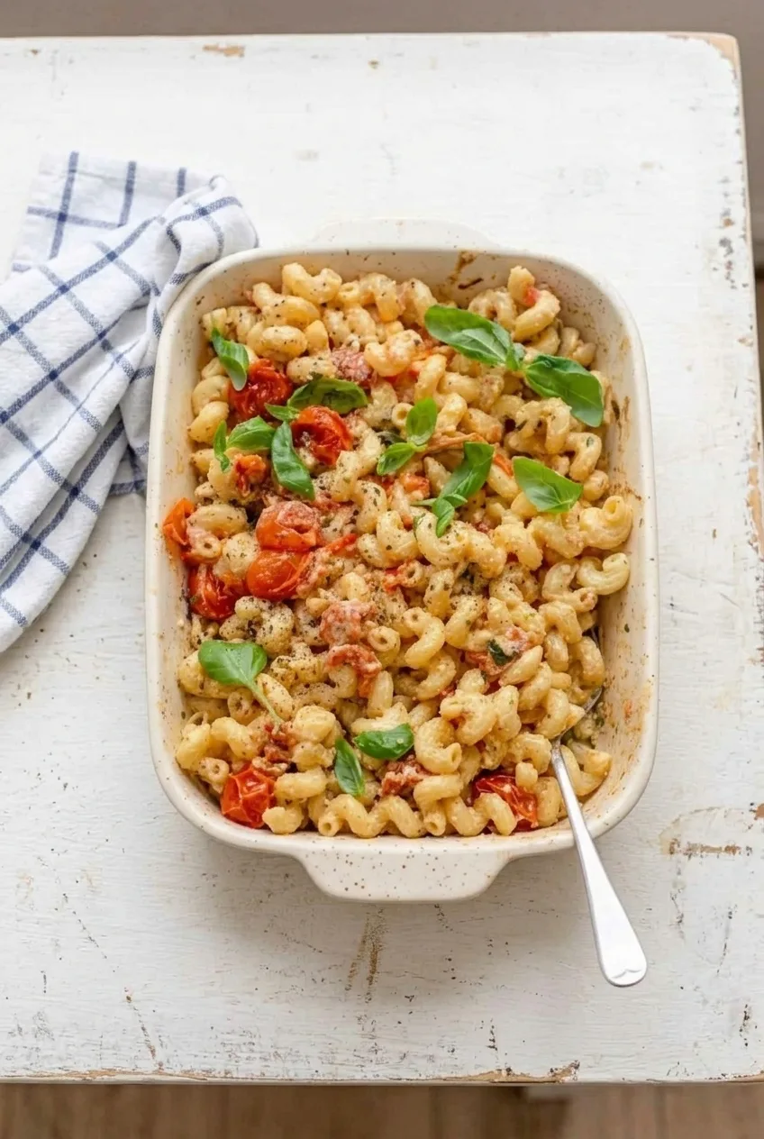 A full baking dish of creamy baked feta cavatappi with tomatoes and basil, photographed with more tabletop visible