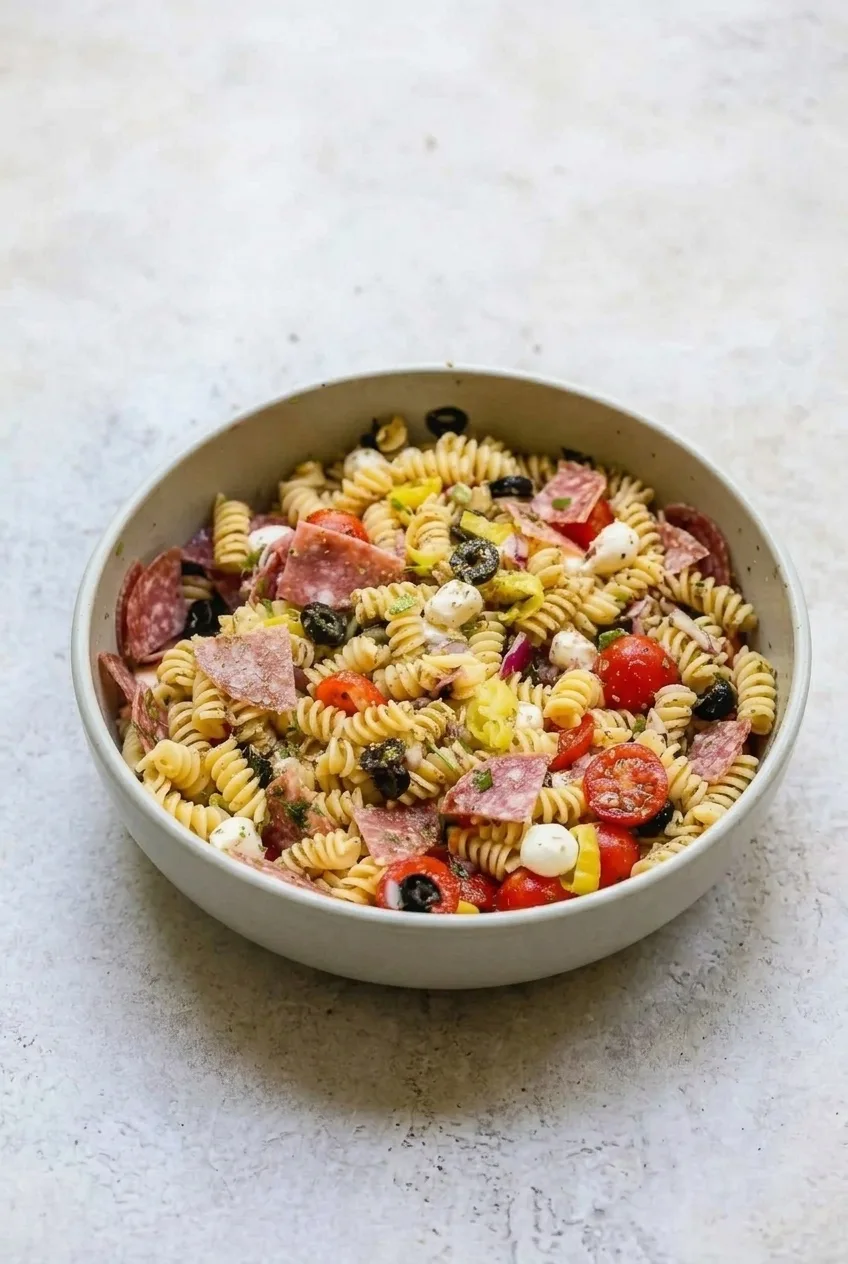 Full bowl of classic pasta salad with rotini, salami, mozzarella, tomatoes, olives, and banana peppers