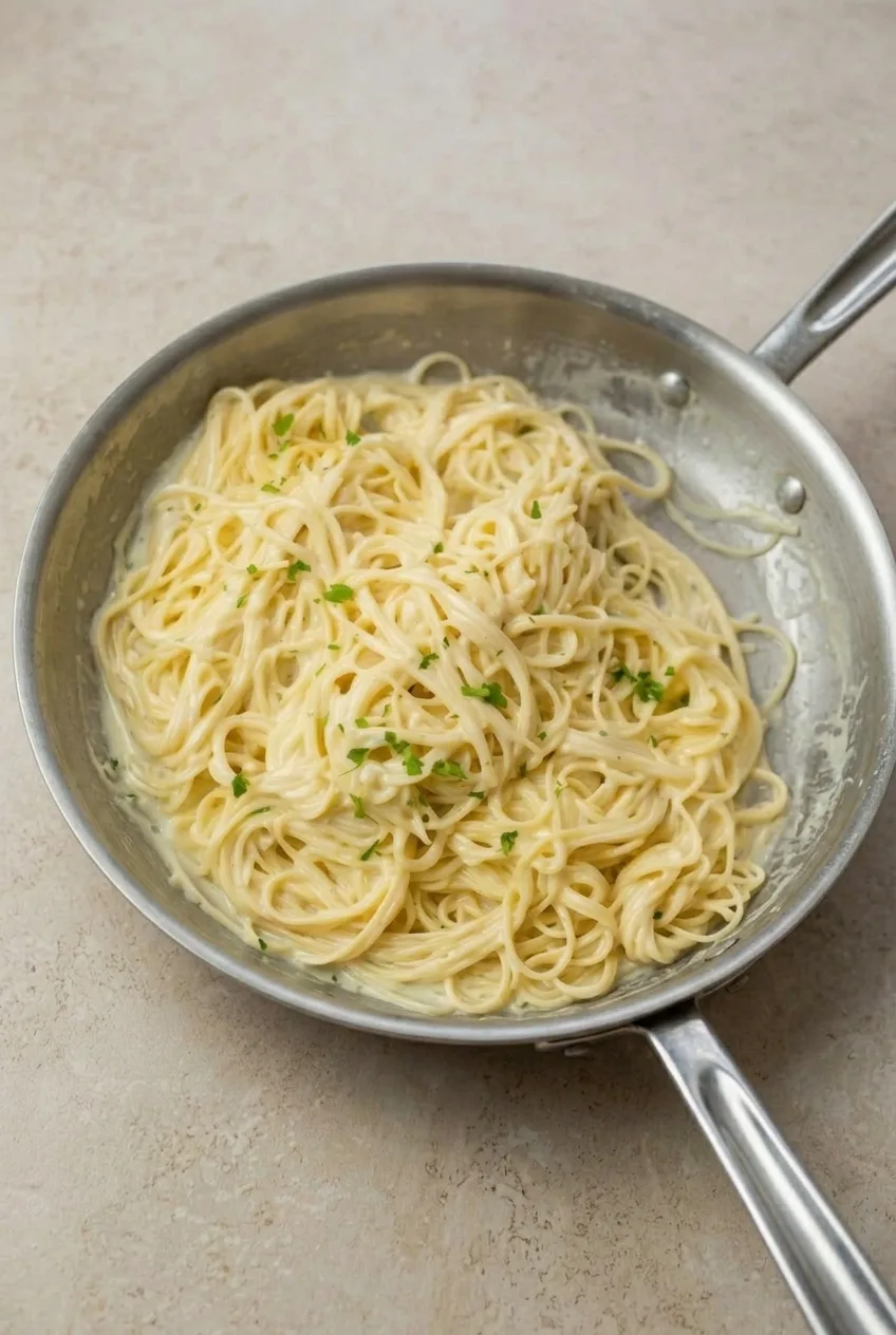 A full shallow skillet of creamy garlic Parmesan spaghetti centered on a neutral surface