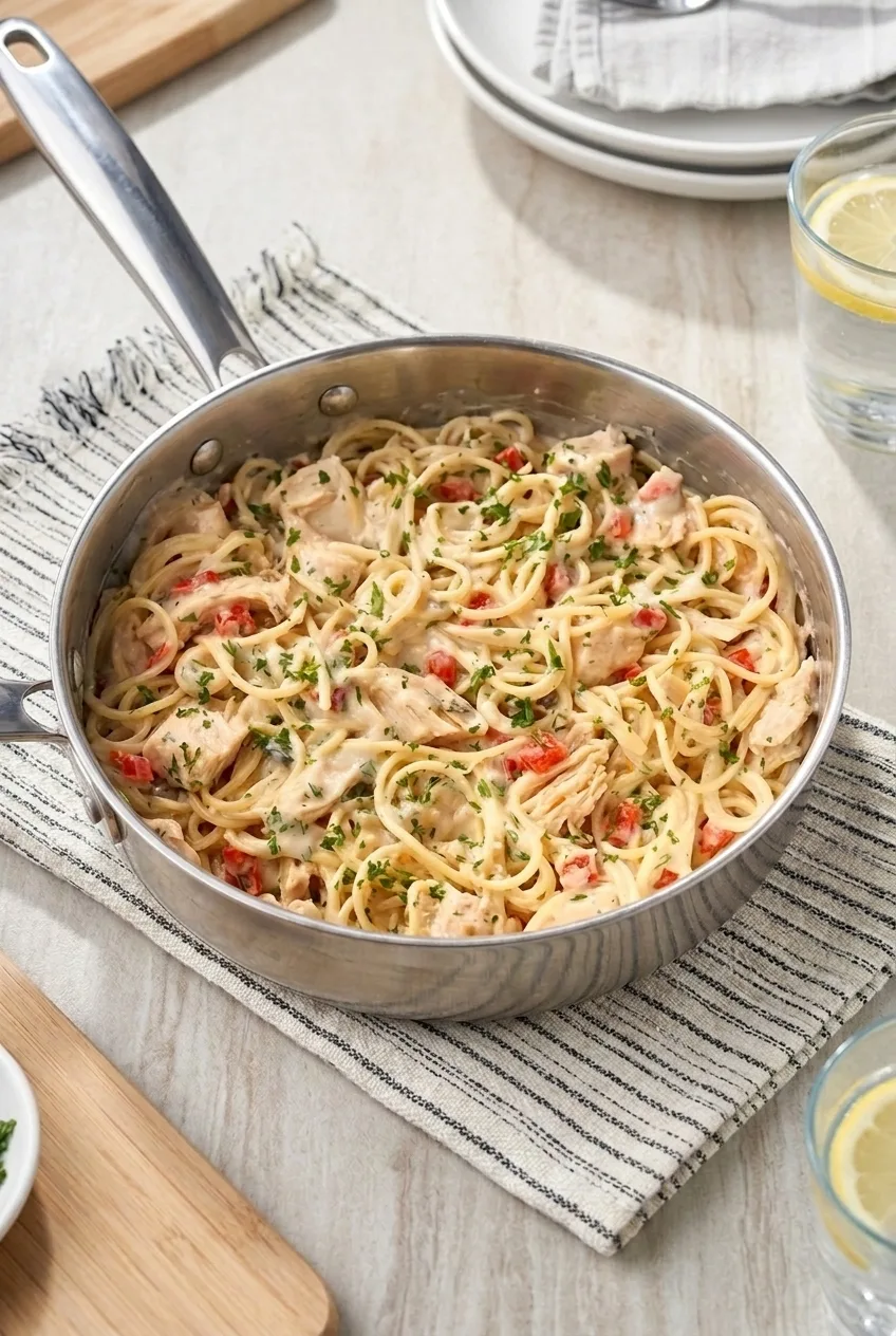 A full skillet of chicken tetrazzini centered on a neutral countertop, with spaghetti, chicken, red pepper, and parsley