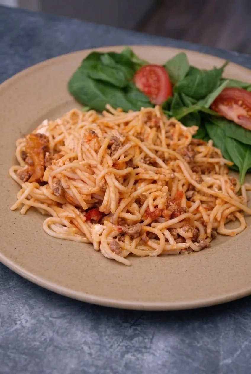 A full plate of loose, saucy Million Dollar Spaghetti centered on a neutral surface