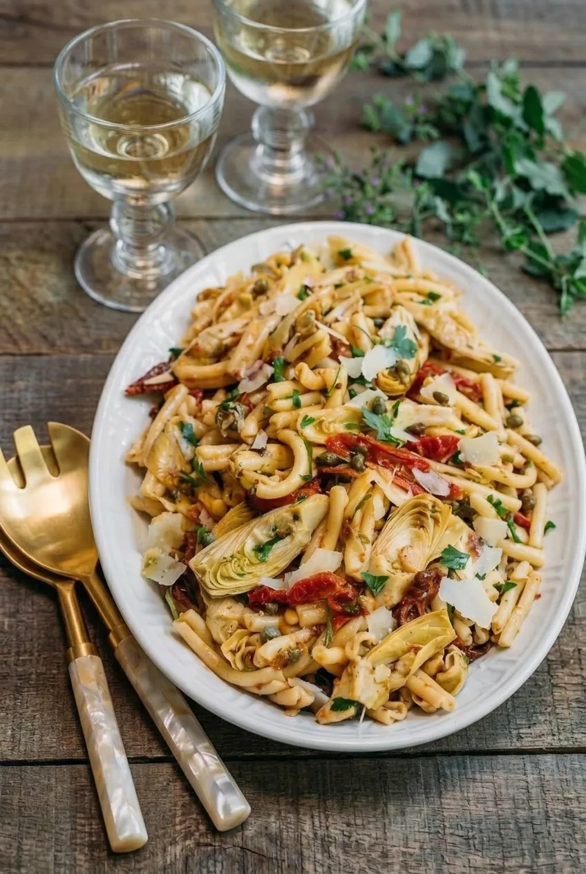 A full platter of Sun-Dried Tomato Pasta Salad with artichokes and tomatoes, photographed with more table space around it