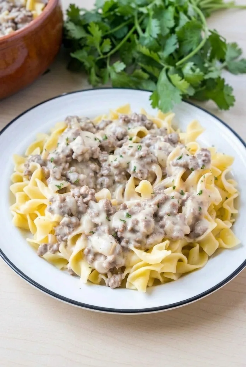 A full plate of ground beef stroganoff pasta with wide egg noodles and creamy sauce