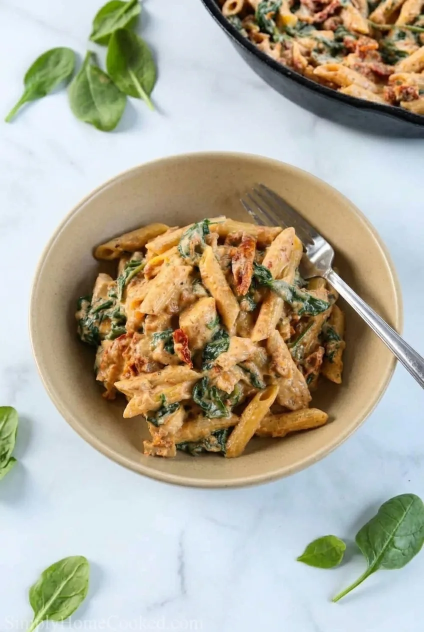 A full bowl of creamy Tuscan chicken pasta centered on a marble surface, with penne, spinach, and tomatoes visible.