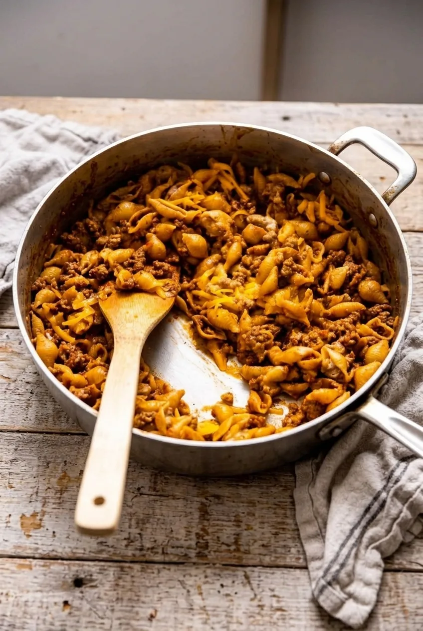 A full skillet of One Pot Taco Pasta with shells, ground beef, and cheddar, shown with more of the surrounding surface.