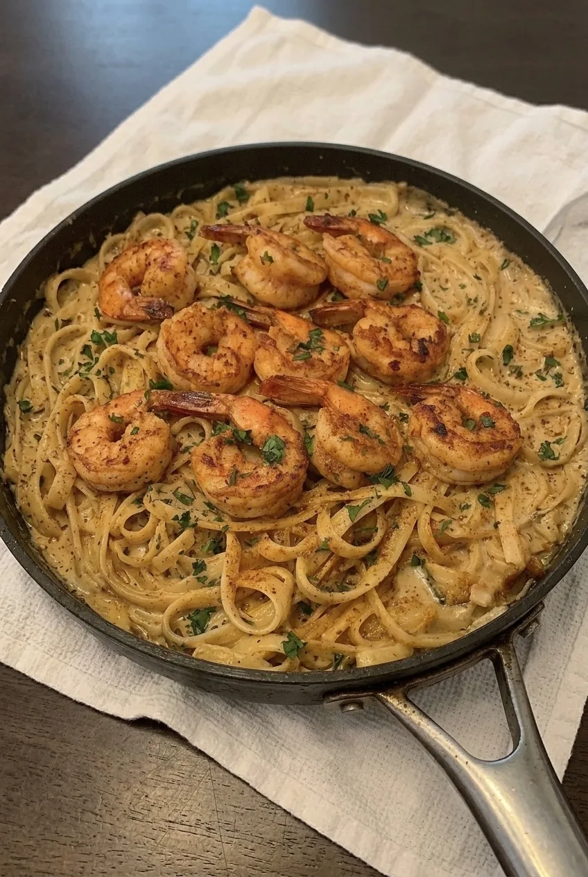 Wide view of a full skillet of creamy Cajun shrimp fettuccine with parsley