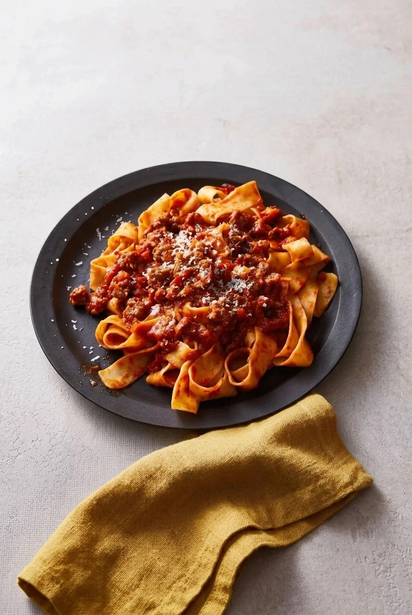 A full plate of pappardelle Bolognese with Parmesan on a pale gray surface