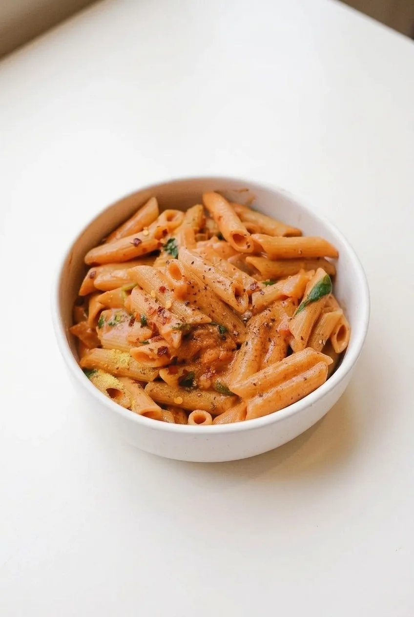 A full white bowl of Gigi Hadid spicy vodka pasta centered on a pale surface