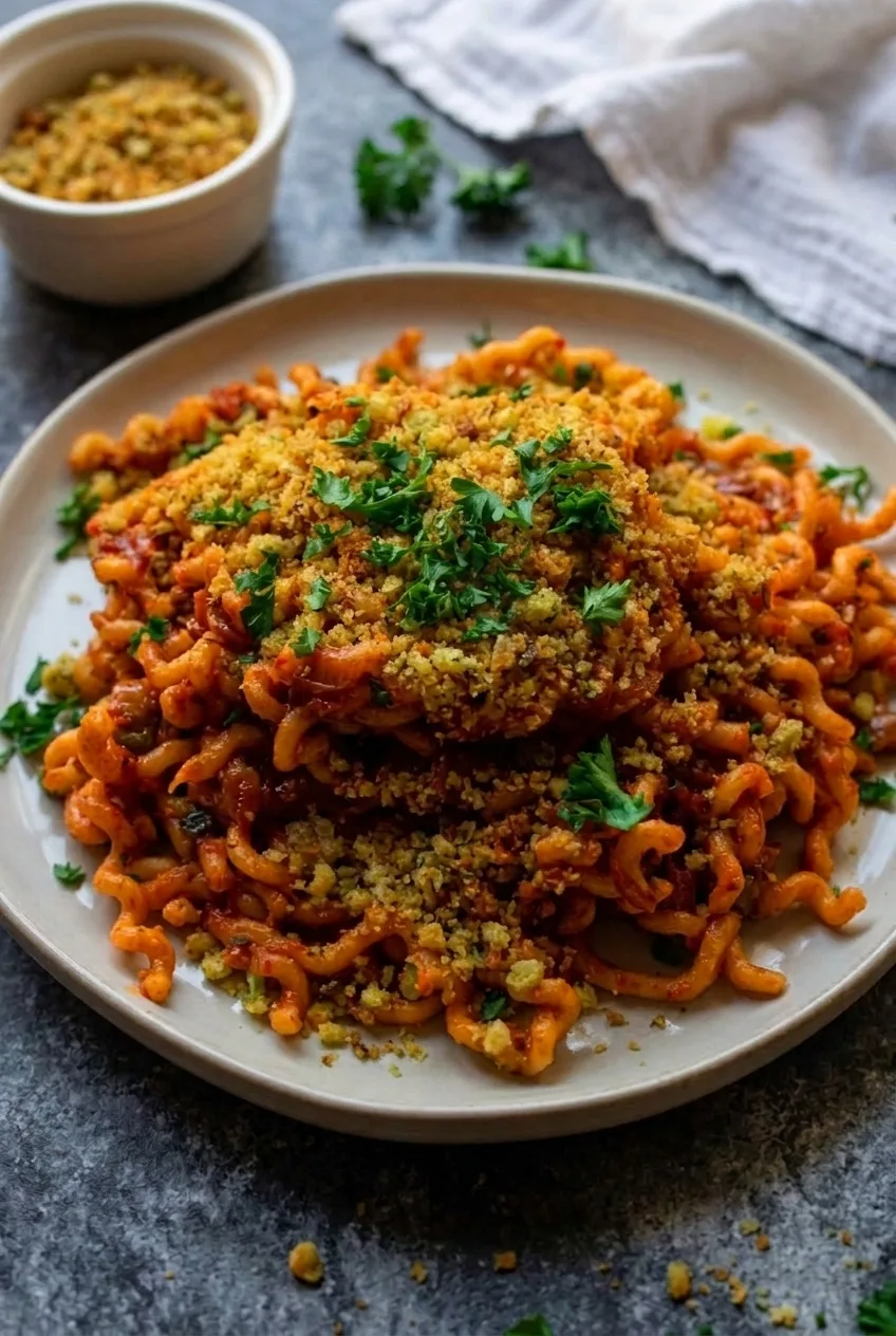 A full plate of caramelized onion pasta with golden breadcrumbs on a dark stone surface