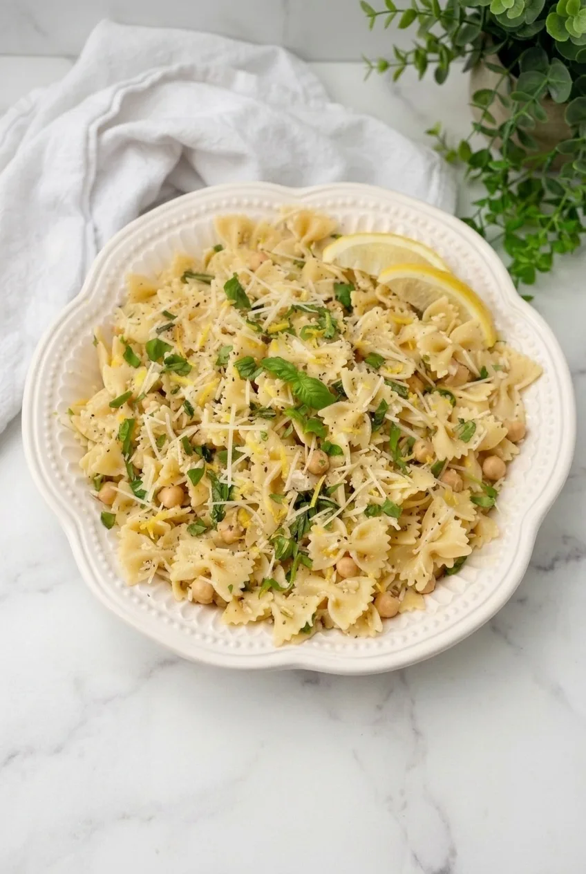 A full platter of lemon basil Parmesan pasta salad with chickpeas on a pale surface