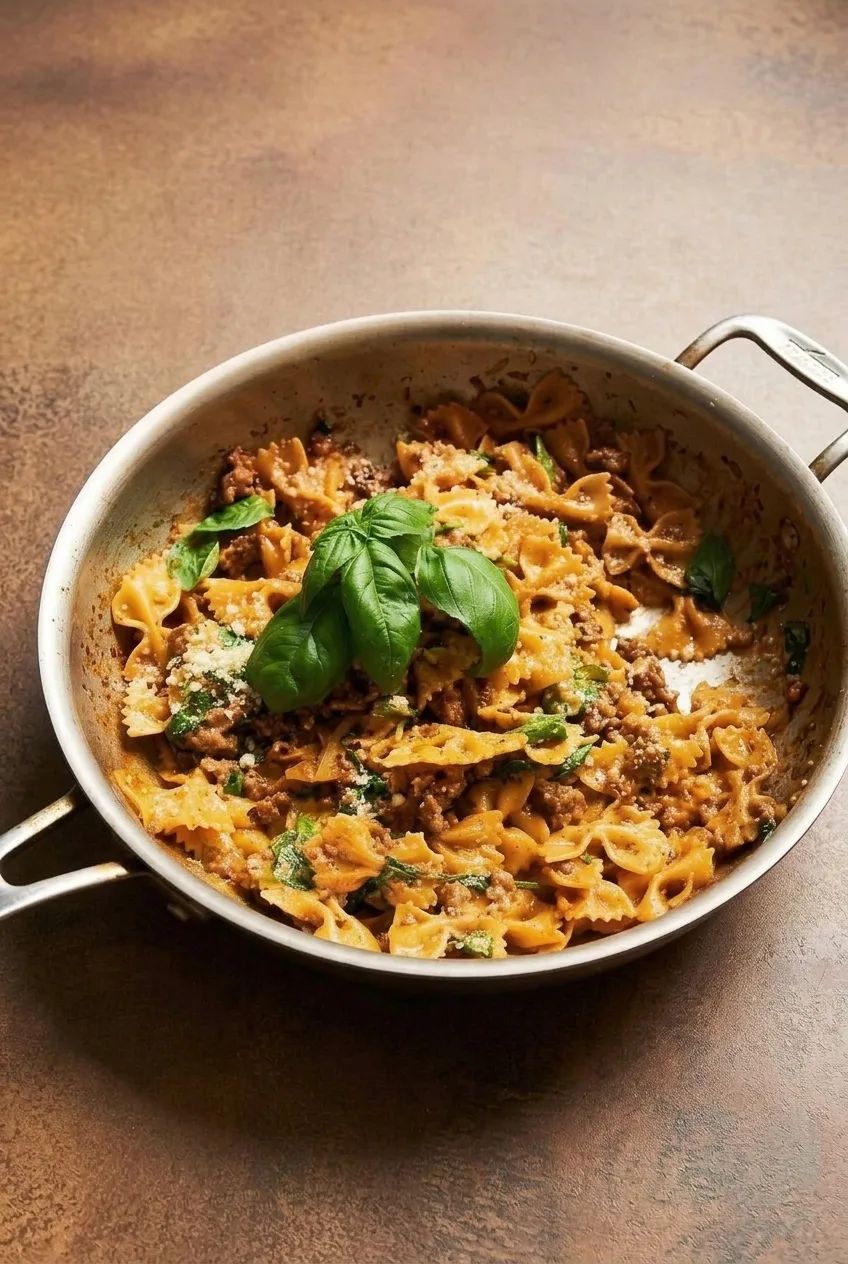 Wide view of a full skillet of creamy sausage and spinach farfalle on a warm brown countertop