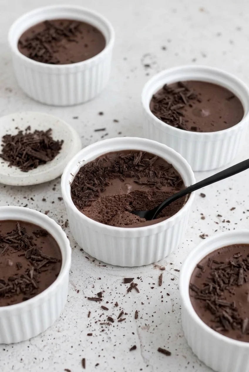Several white ramekins of chocolate mousse with chocolate shavings, shown together on a pale speckled surface.