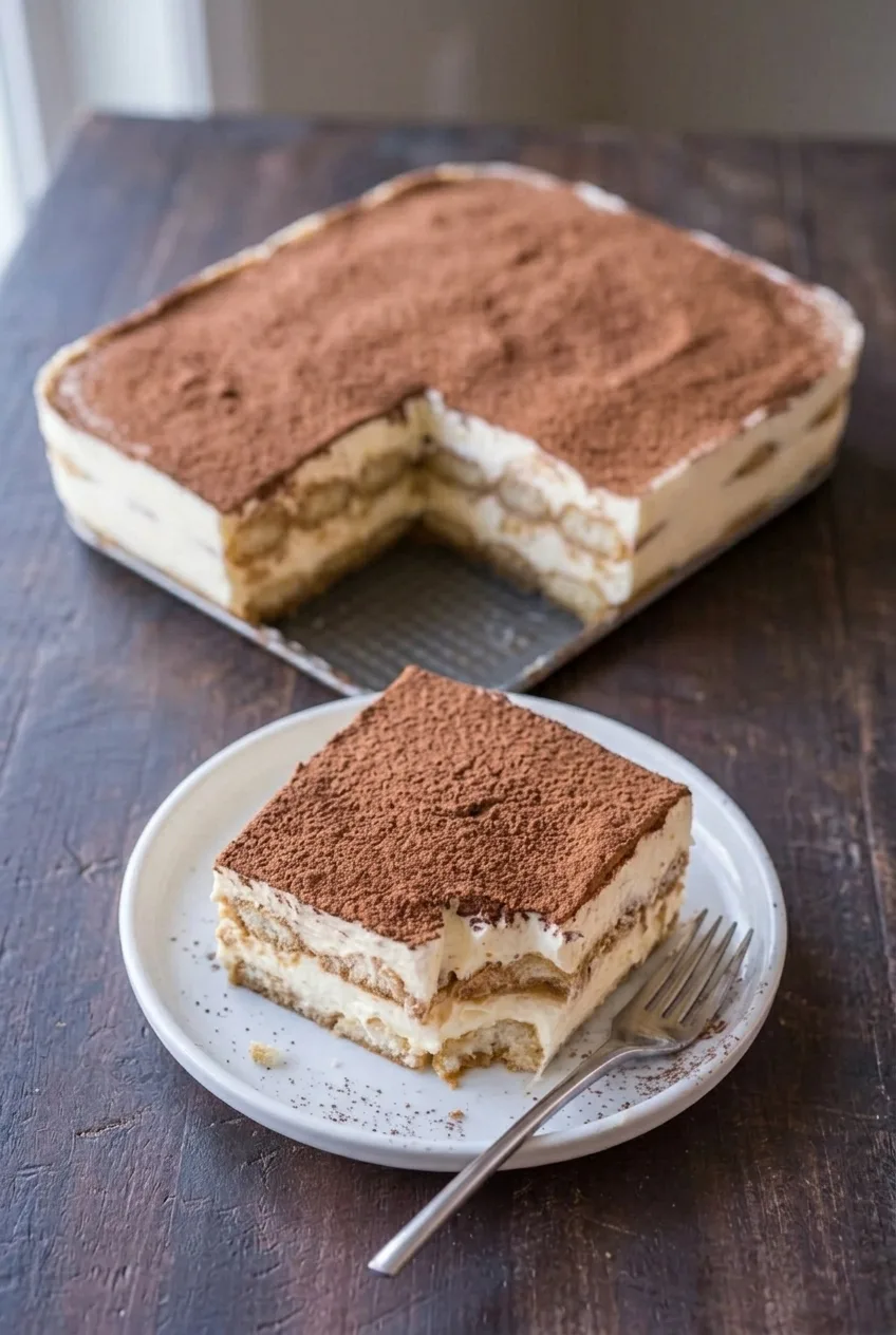 A rectangular dish of cocoa-topped tiramisu with a square serving on a plate beside it.