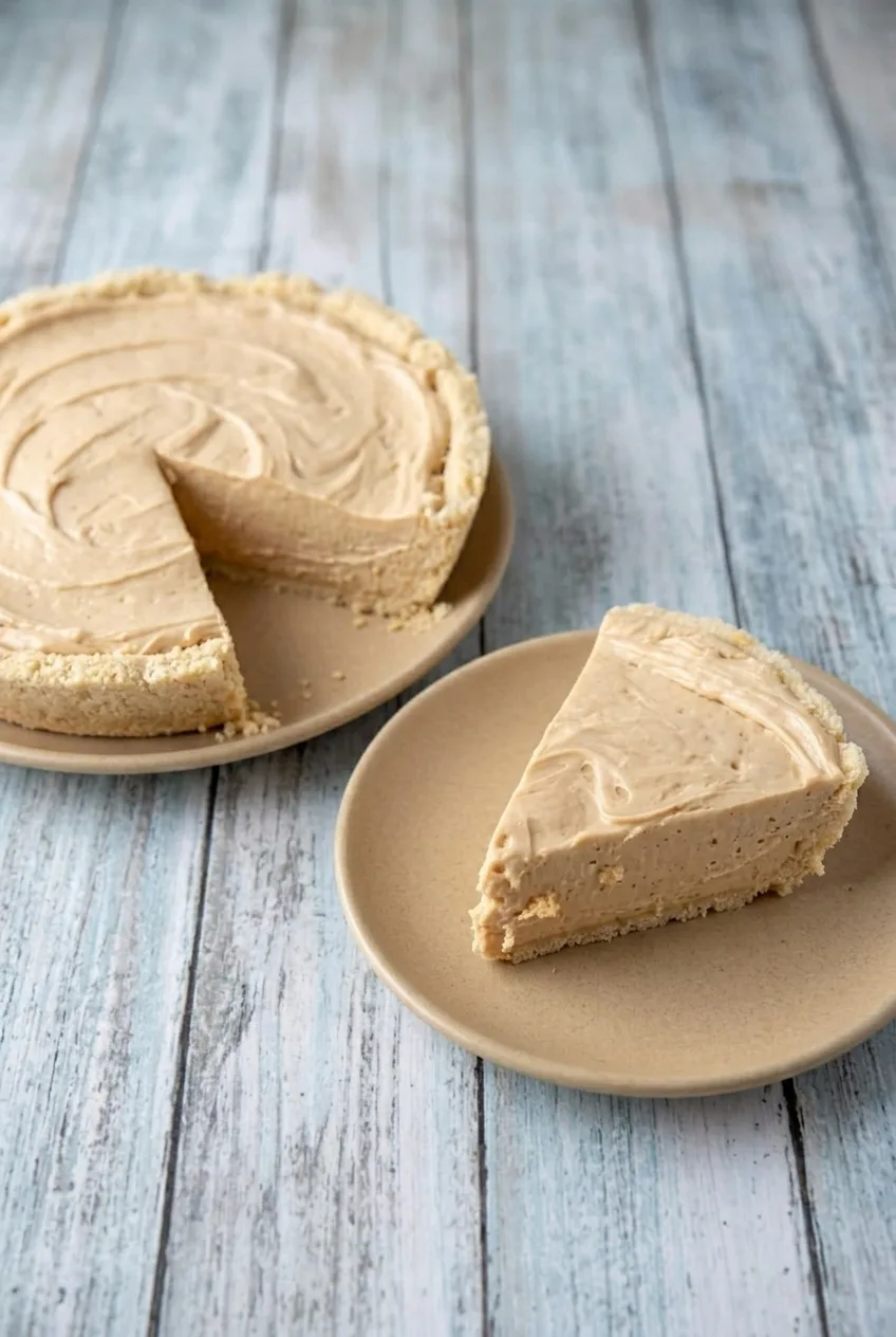 A slice of no-bake peanut butter pie beside the remaining round pie, showing its plain top and graham crust.