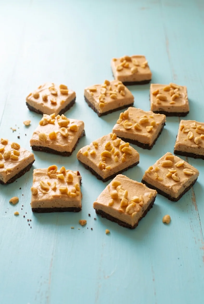 A wider serving of square chocolate peanut butter bars arranged on a pale turquoise surface.