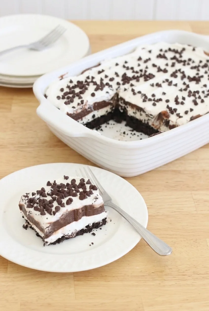 A rectangular dish of Oreo dessert lasagna with a cut slice beside it, showing the layered filling and chip topping.