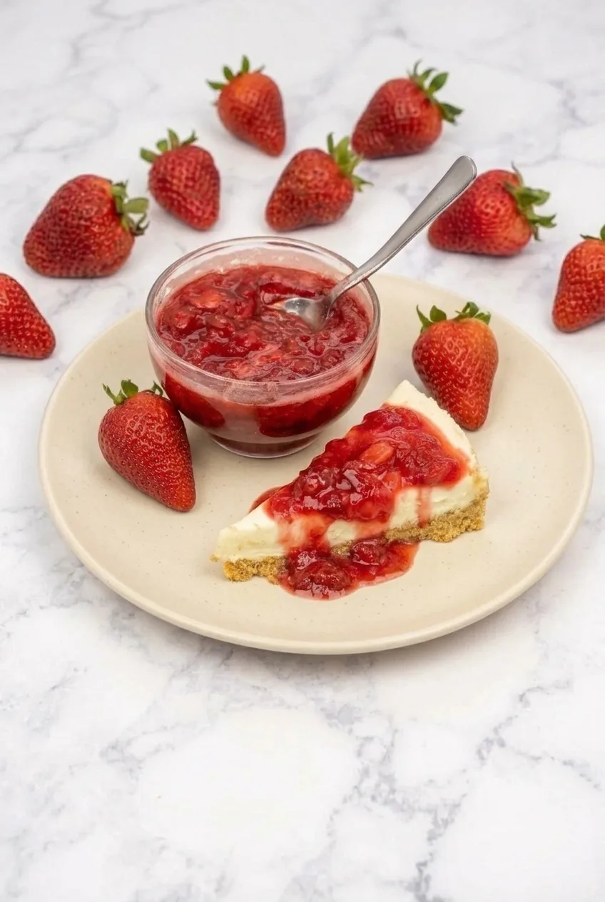 A wider view of a strawberry cheesecake slice with extra sauce and whole strawberries on the plate