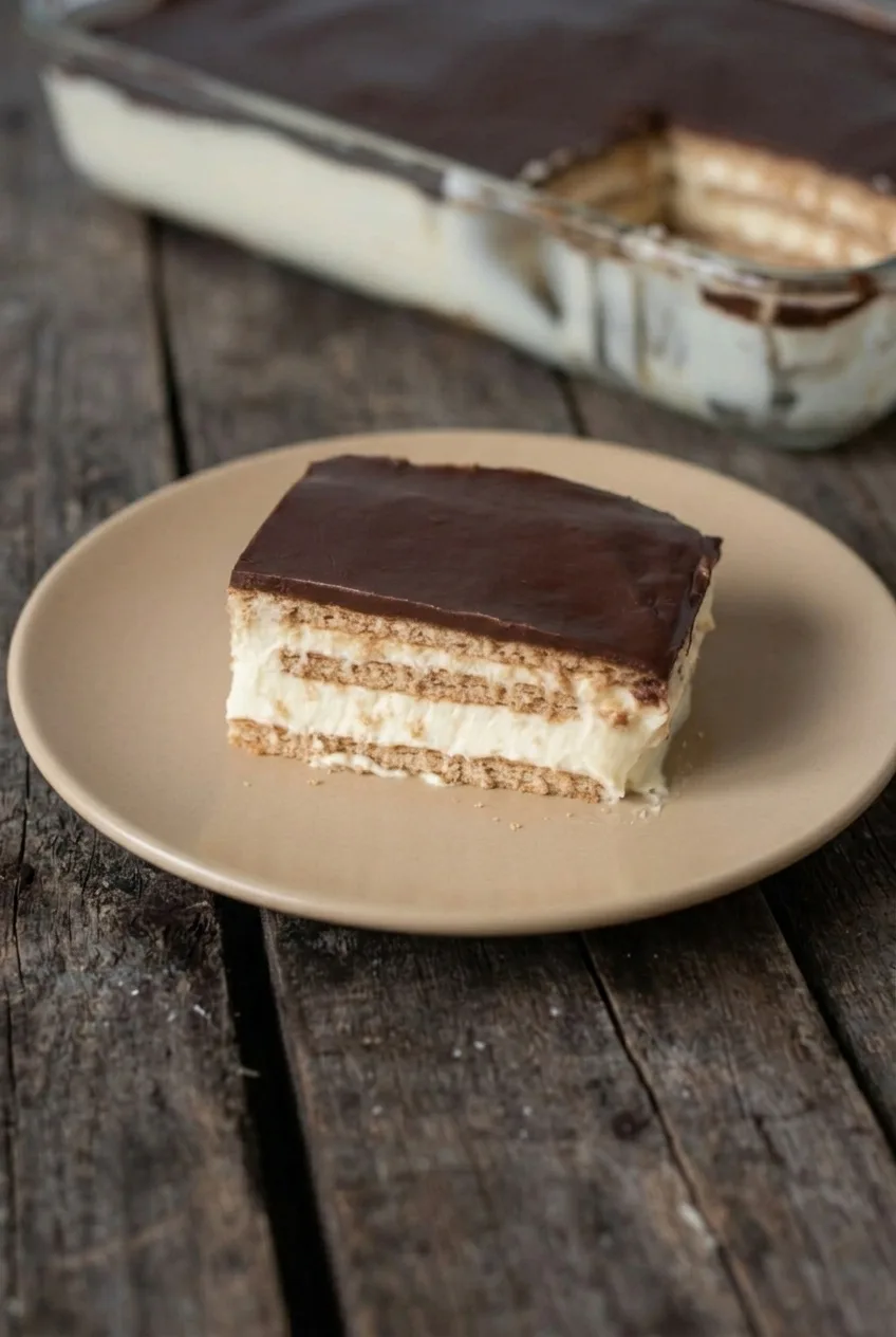 A plated slice of no-bake chocolate éclair cake centered in a wider view on a dark wooden tabletop.