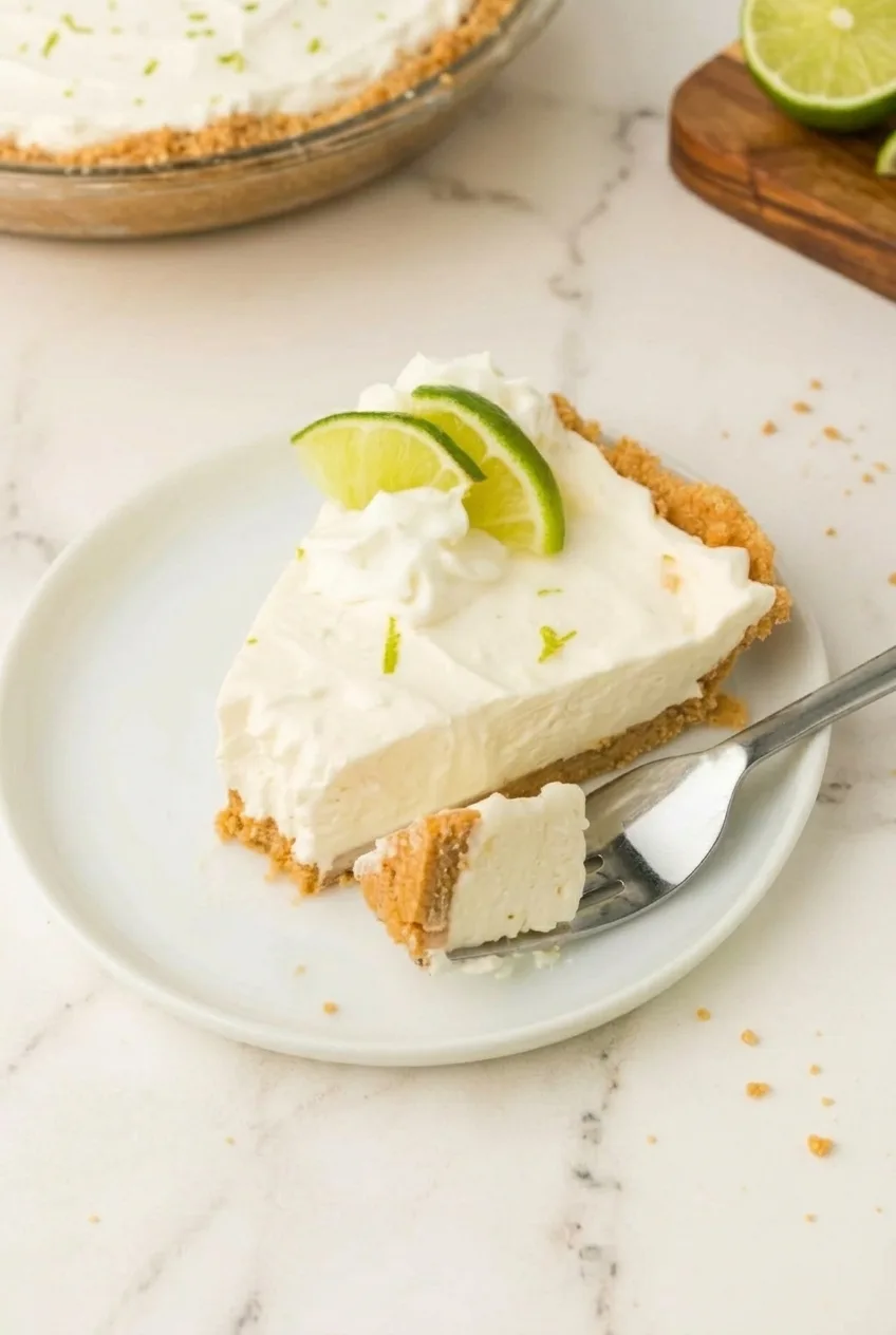 A full plate with a slice of no-bake key lime pie and a forkful in front