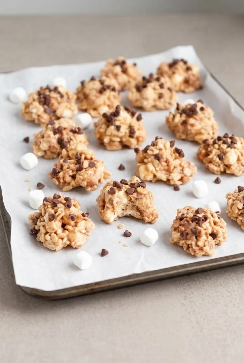 A wider view of No-Bake Avalanche Cookies arranged on a parchment-lined tray