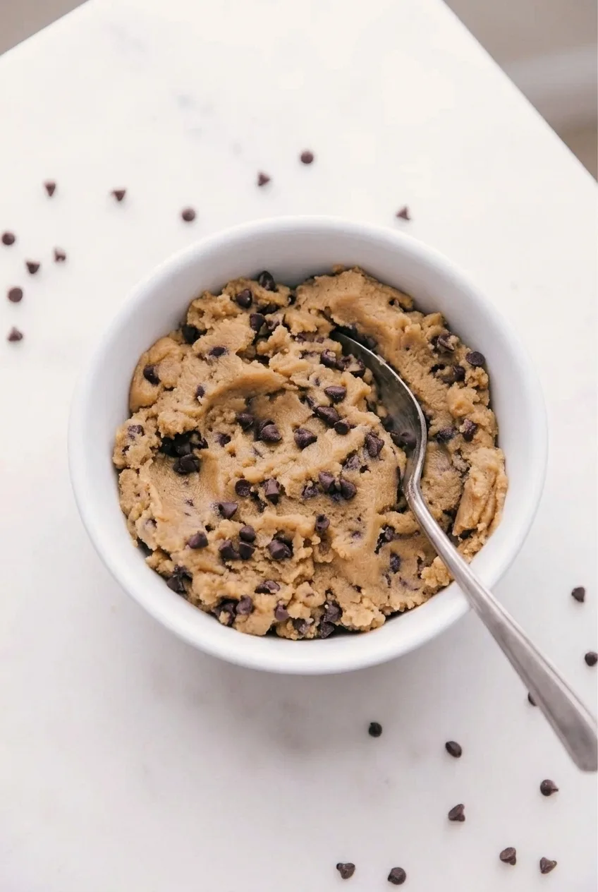 Full white bowl of edible chocolate chip cookie dough and a spoon on a pale surface