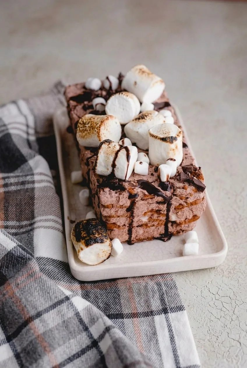 Whole s’mores icebox cake on a pale platter, with its layered sides, chocolate drizzle, and toasted marshmallows visible.