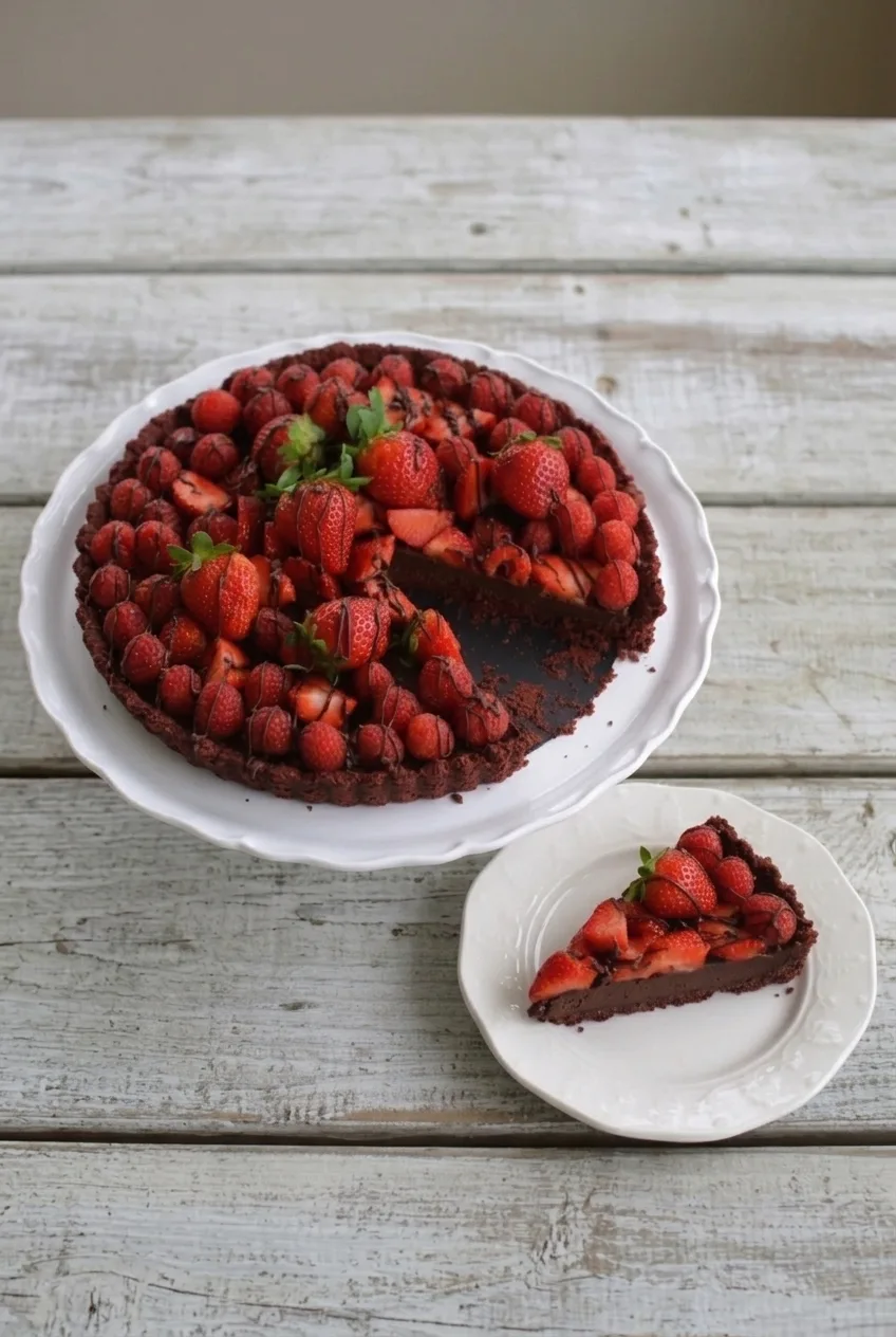 Wider view of a berry-topped no-bake chocolate tart and a separate slice on a pale wood table.