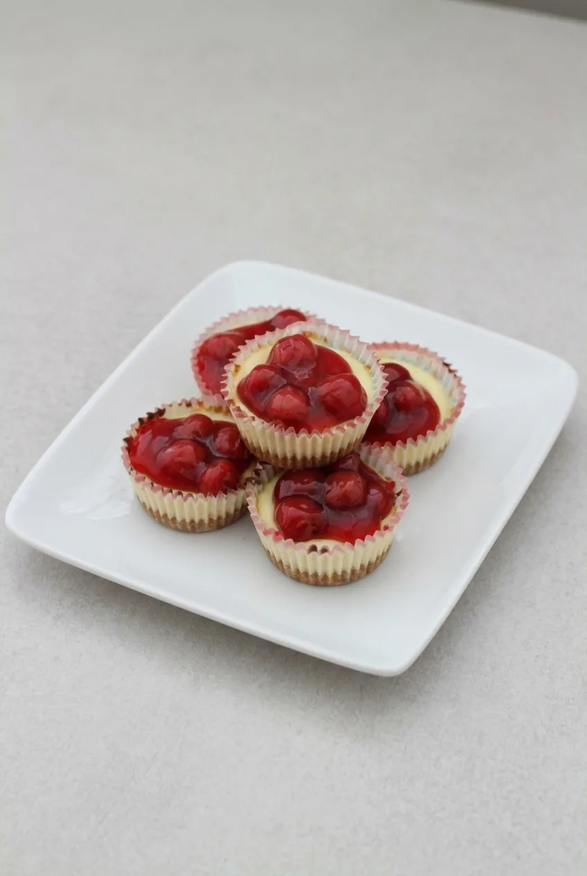 A wider view of individual cherry cheesecake cups in fluted liners arranged on a serving plate