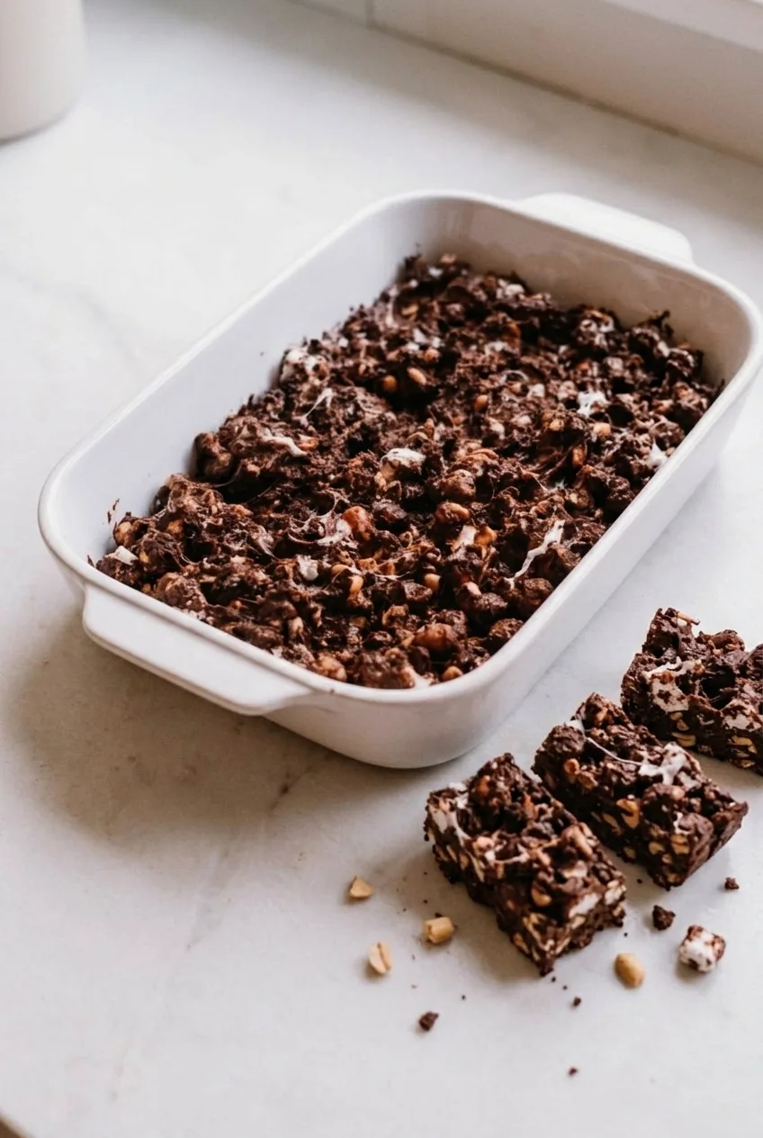 A white rectangular dish of No-Bake Rocky Road Bars with a few cut squares beside the full slab.