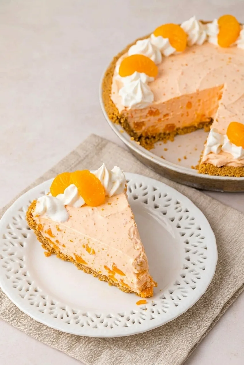 A plated slice of orange creamsicle pie beside the remaining pie, showing the full graham crust and creamy filling.