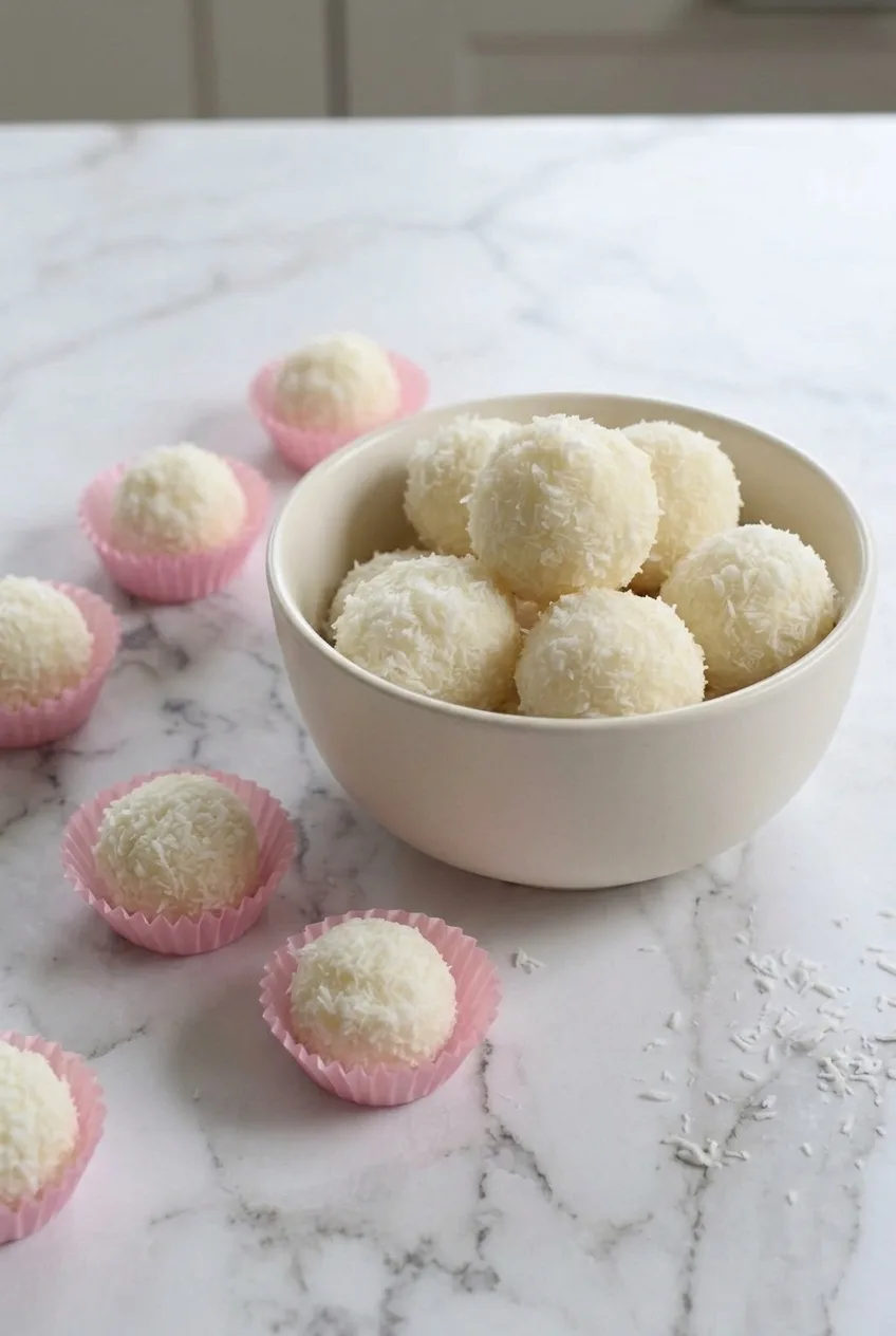 A wider view of coconut truffles in a bowl with pink paper liners on a light stone surface