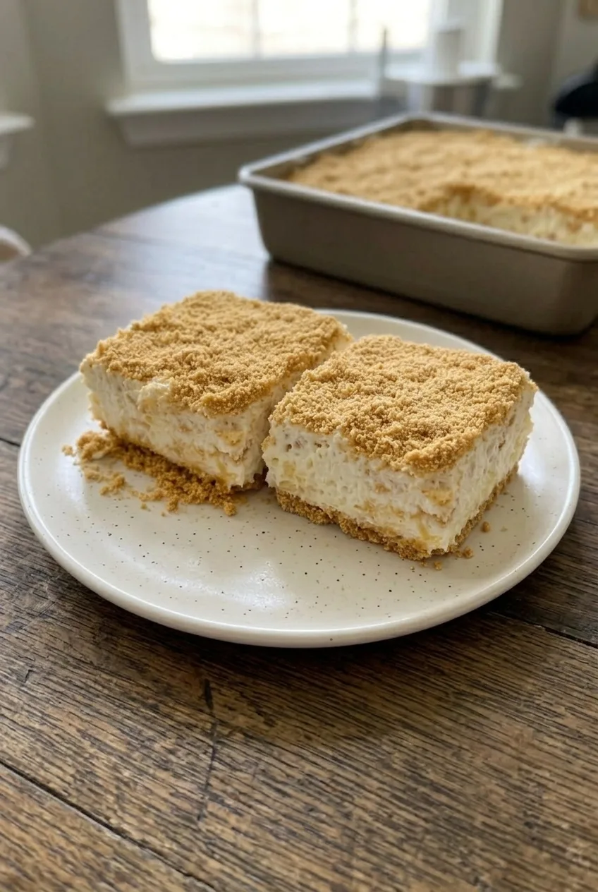 Two crumb-topped No-Bake Pineapple Delight squares on a plate, with the dessert pan softly visible behind.