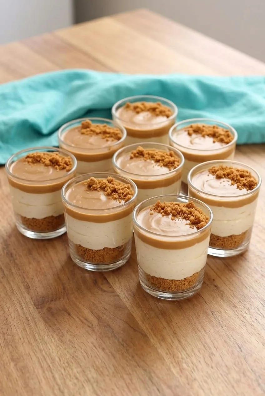 Eight No-Bake Cookie Butter Cheesecake Cups arranged together on a tabletop, with all three layers visible