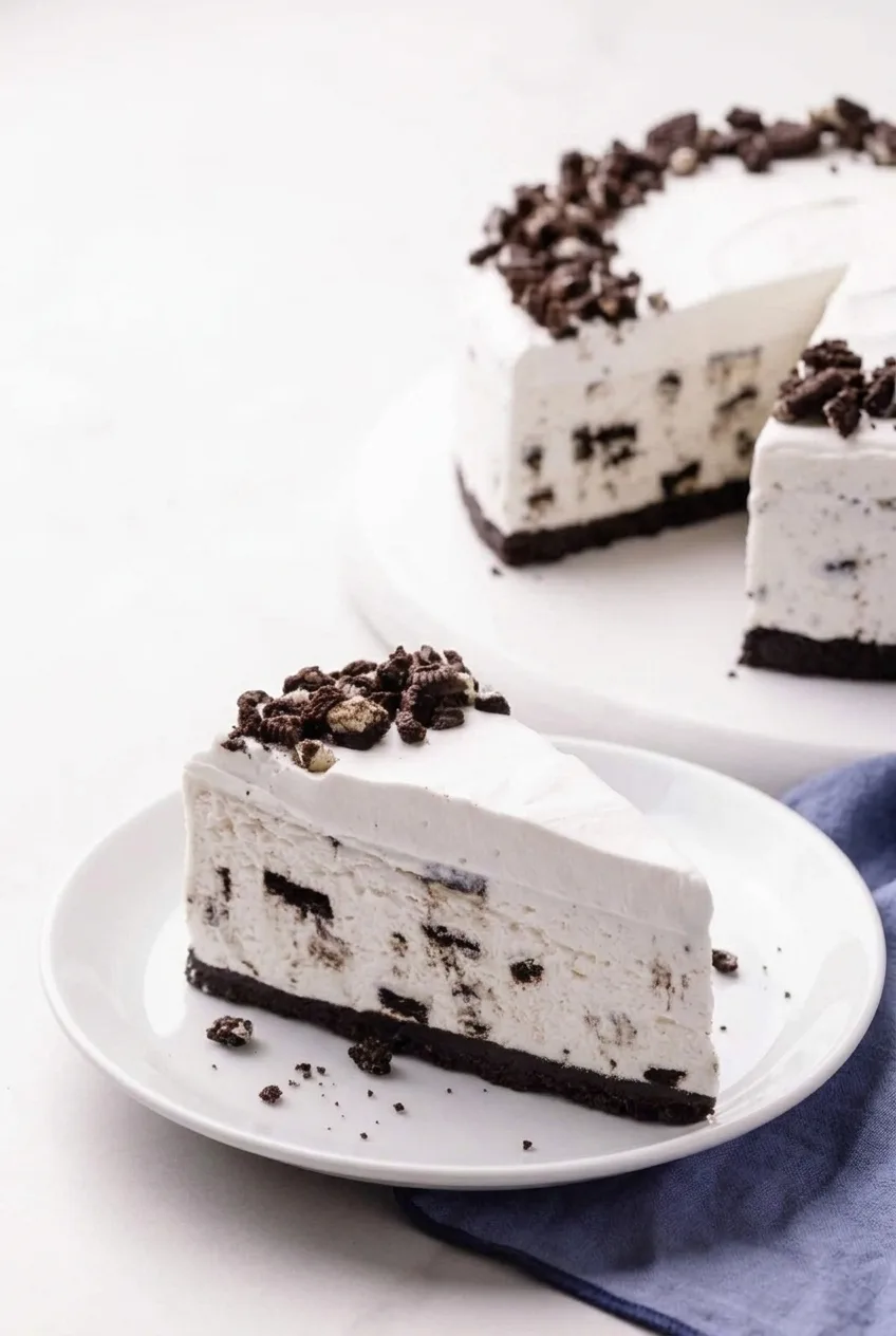 A whole no-bake Oreo cheesecake and a wedge showing its dark crust, cookie pieces, and whipped-cream layer.