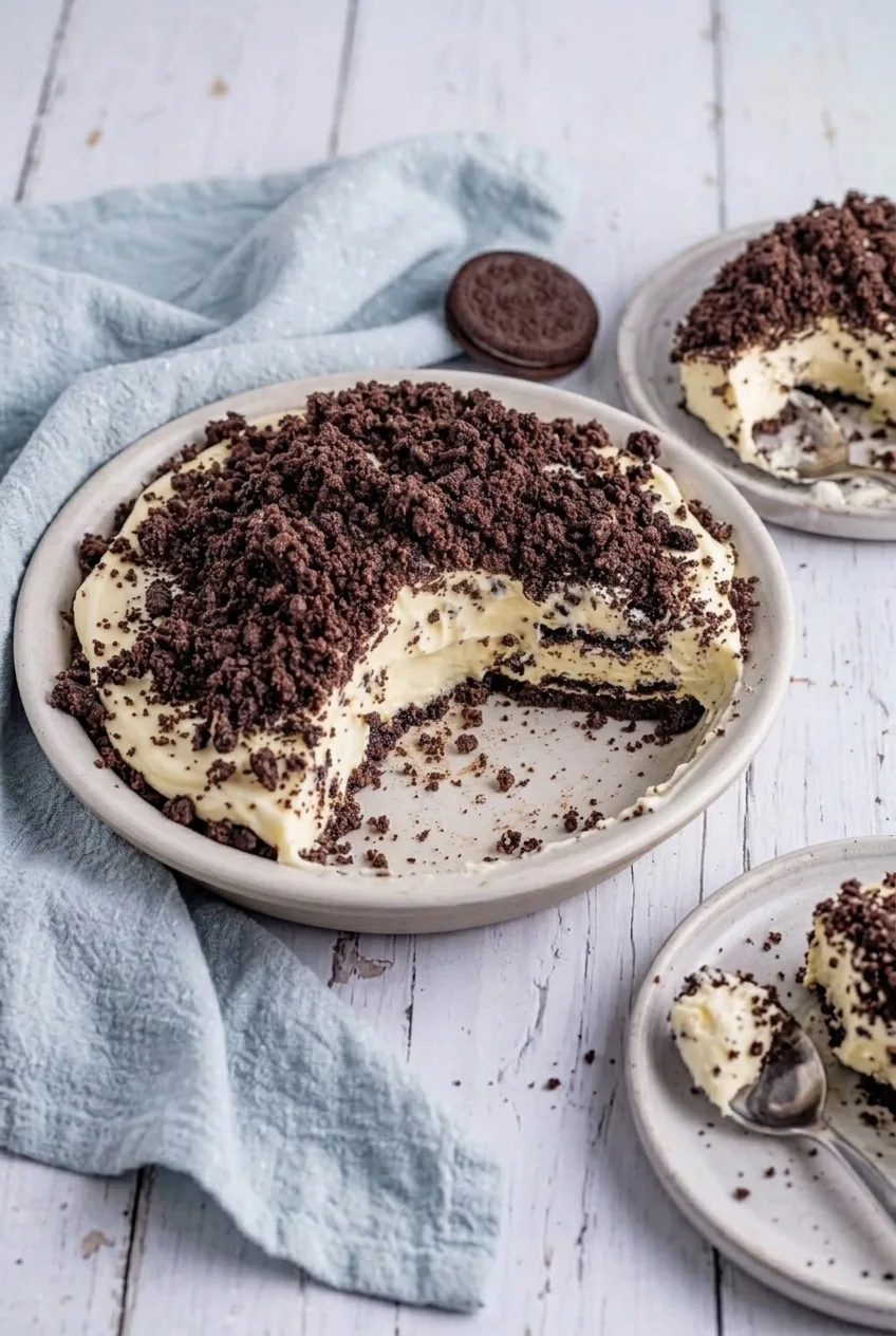 A full shallow dish of Oreo dirt cake centered on a light tabletop, with its crumb topping and spooned layers visible.