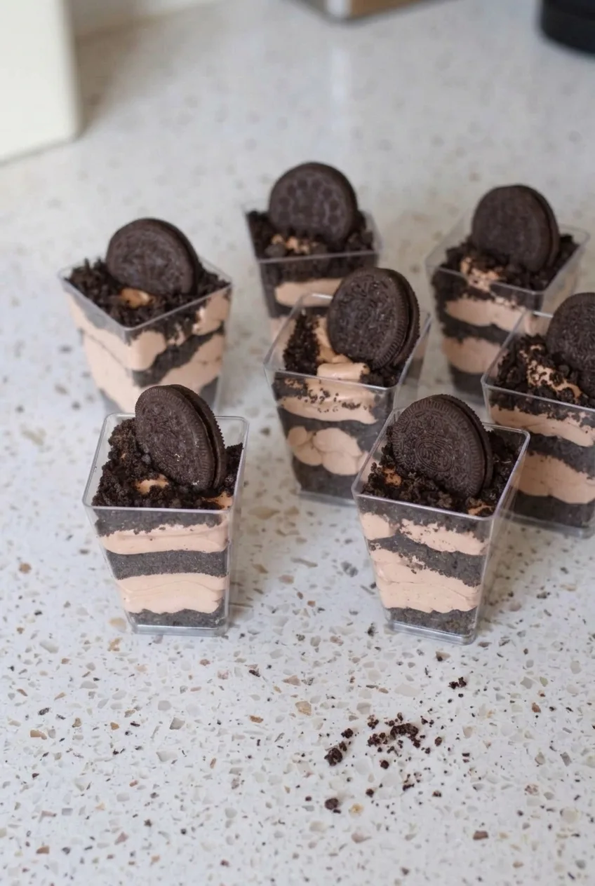 A wider view of individual layered Oreo pudding cups arranged together on a light neutral surface.