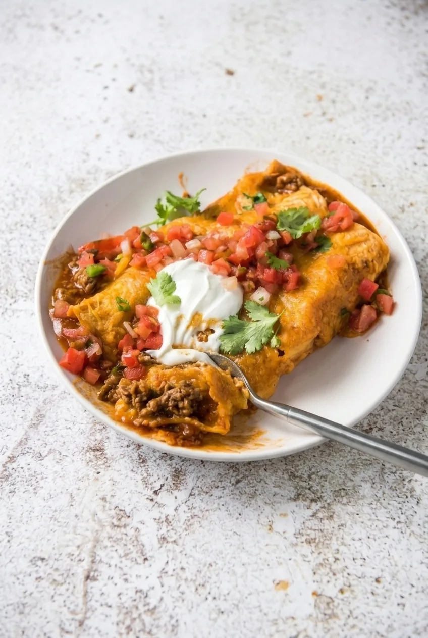A wider view of a plate of rolled beef enchiladas topped with pico de gallo, sour cream, and cilantro.