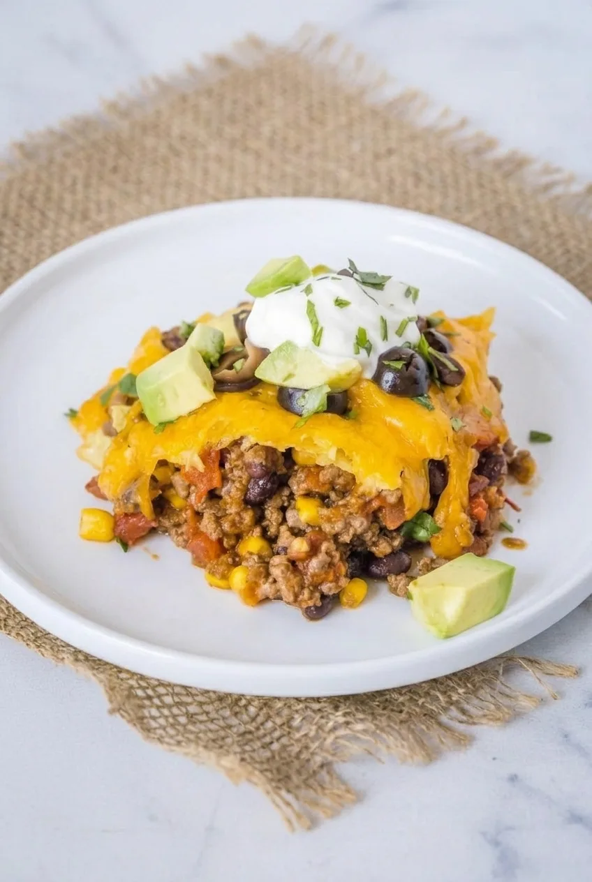 Ground beef taco casserole with cheddar and fresh toppings centered on a white plate, shown with more surrounding surface.