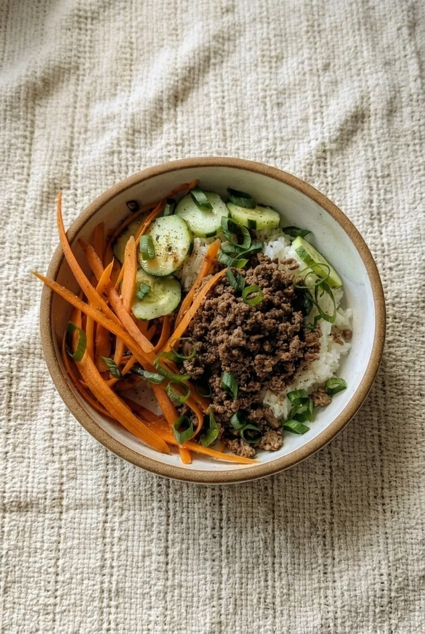 Korean ground beef rice bowl centered on a neutral woven surface, with the full bowl visible