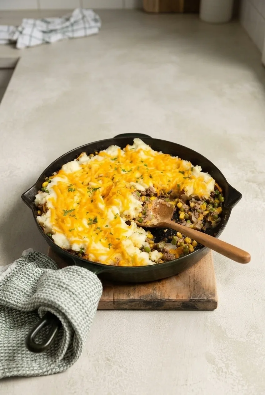 A complete cast-iron skillet of ground beef shepherd’s pie with cheddar potatoes and a serving scooped out