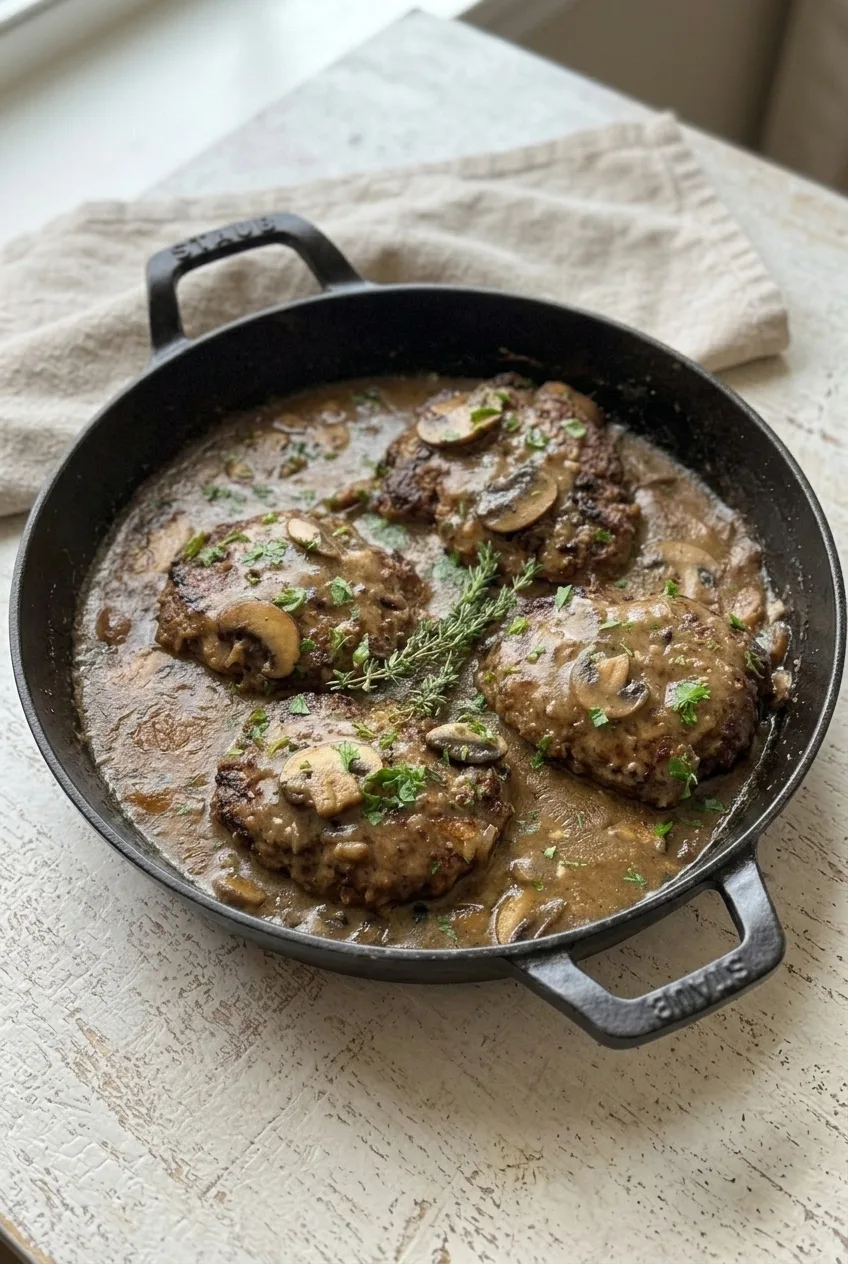 The complete skillet of Salisbury steak with mushroom gravy, centered on a neutral tabletop.