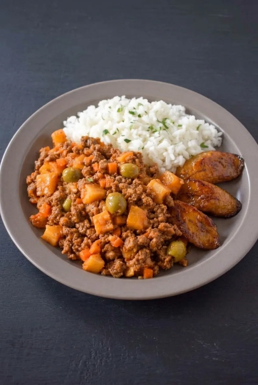 Full plate of Cuban beef picadillo, white rice, and fried plantains on a dark tabletop