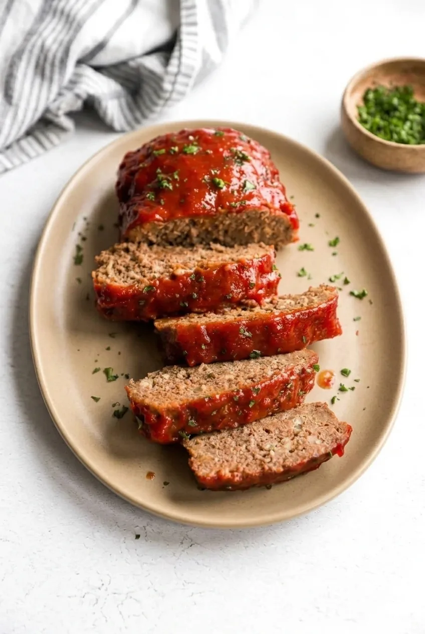 Full platter of sliced, ketchup-glazed homemade meatloaf centered on a pale tabletop